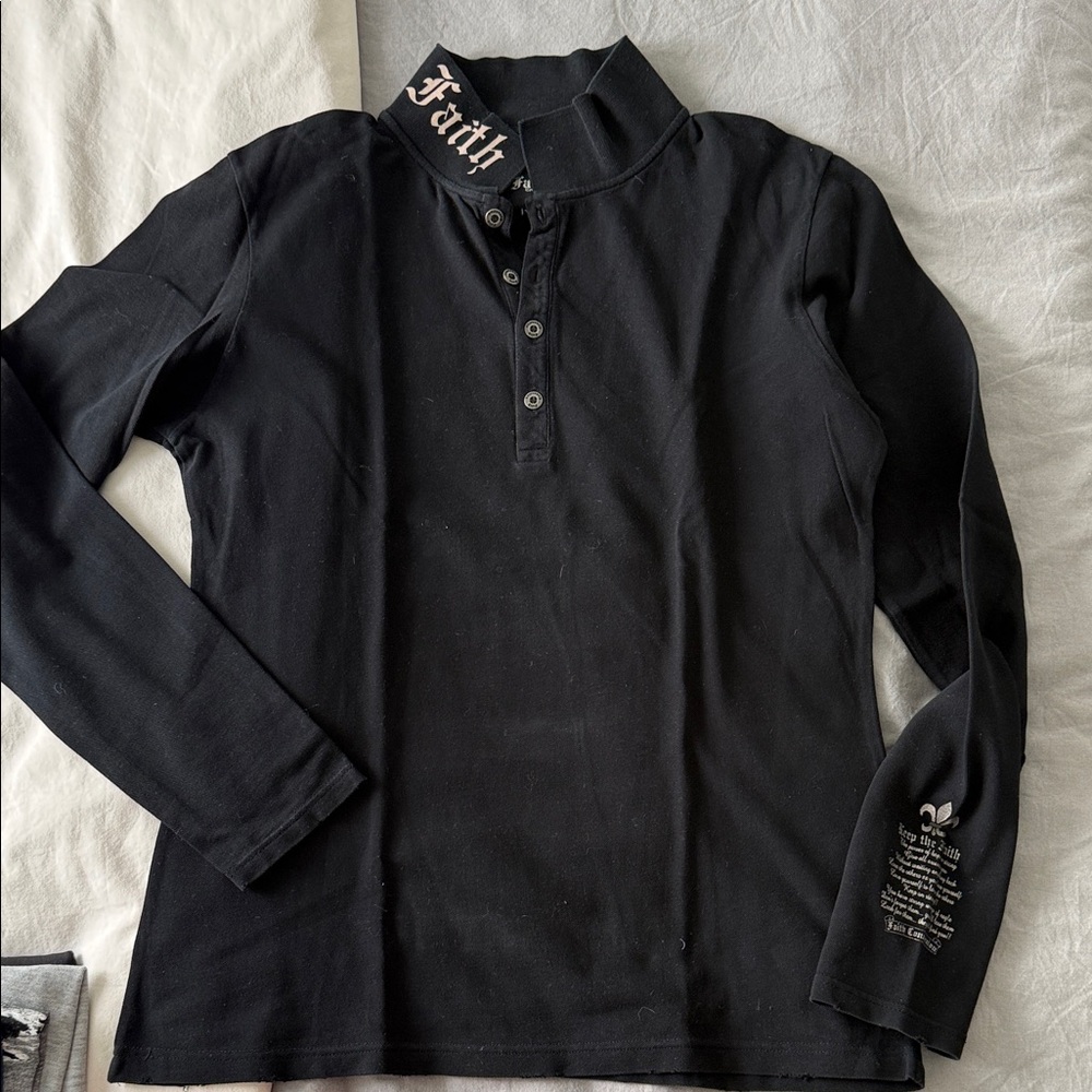 Faith authentic Black Long Sleeve Shirt with Embroidered Collar | USA XL - Picture 2 of 7